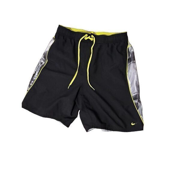 Nice Nike Swim Trunks Mens Sz medium Black Lime Green Mini Swoosh Pockets Drawst - Picture 1 of 5
